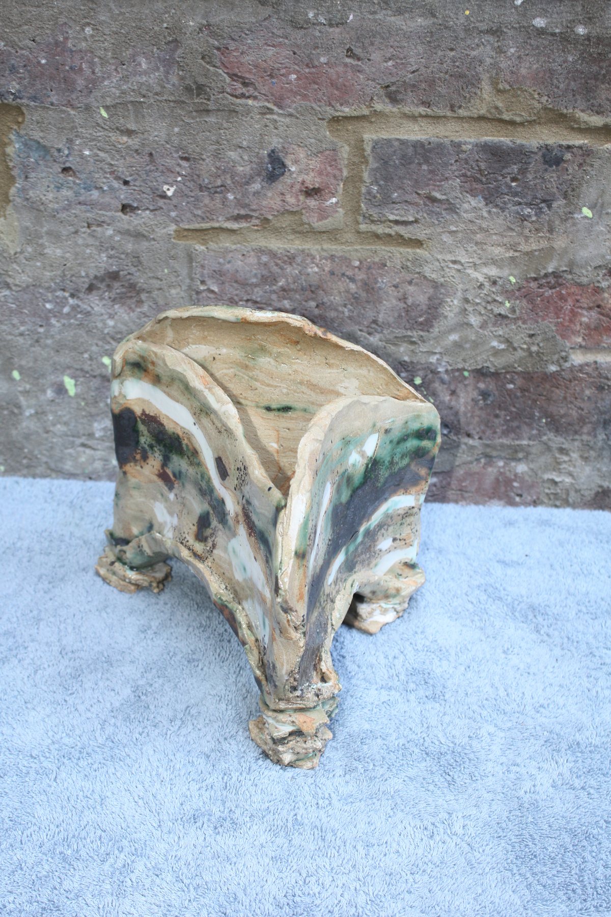 Triangular Strata Pot with inlaid porcelain and oxides by Graham Matthews